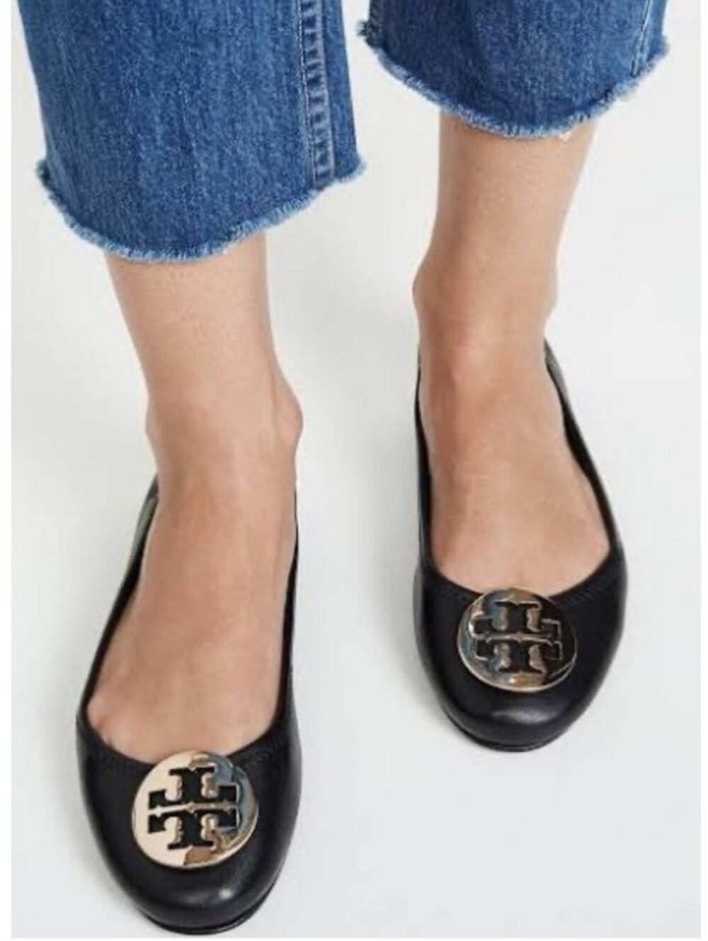 Tory Burch Black Leather Minnie Ballet Flats with Gold Emblem Size 7.5